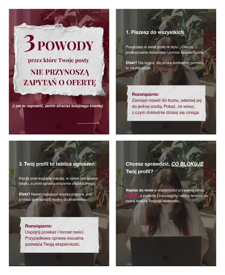 Rebel Socials — Karuzela „3 powody, przez które Twoje posty nie przynoszą zapytań o ofertę”.